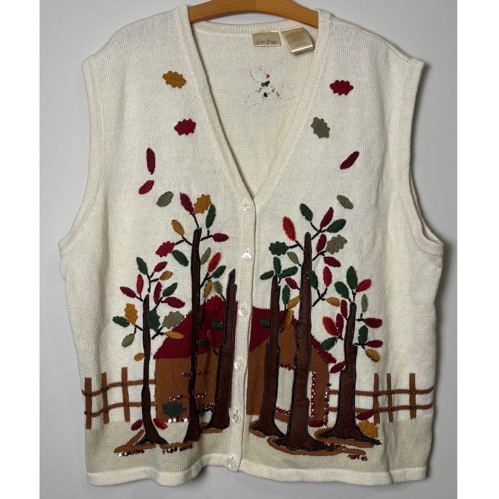 Bobbie Brooks Womens Autumn Cabin Sweater Vest 26W/28W Embroidered Sequin Ivory